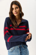 Kadın Polo Yakalı Çizgili Triko - Lacivert Kırmızı Çizgili