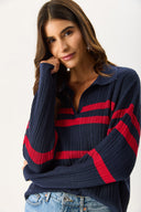 Kadın Polo Yakalı Çizgili Triko - Lacivert Kırmızı Çizgili
