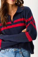 Kadın Polo Yakalı Çizgili Triko - Lacivert Kırmızı Çizgili