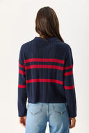 Kadın Polo Yakalı Çizgili Triko - Lacivert Kırmızı Çizgili