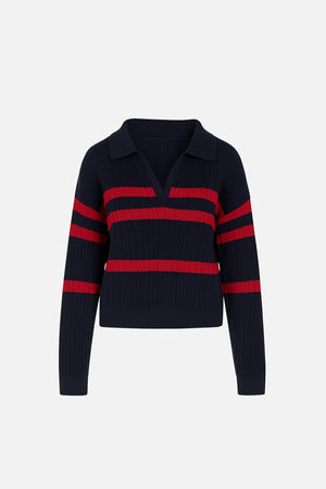 Kadın Polo Yakalı Çizgili Triko - Lacivert Kırmızı Çizgili