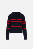 Kadın Polo Yakalı Çizgili Triko - Lacivert Kırmızı Çizgili