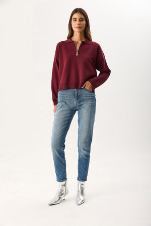 Kadın Polo Yakalı Fermuarlı Triko - Bordo