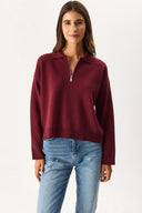 Kadın Polo Yakalı Fermuarlı Triko - Bordo