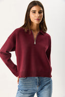 Kadın Polo Yakalı Fermuarlı Triko - Bordo