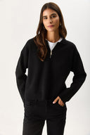 Kadın Polo Yakalı Fermuarlı Triko - Siyah