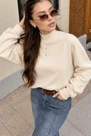 Kadın Progress Dik Yakalı Regular Fit Sweatshirt %100 Pamuk-Kemik