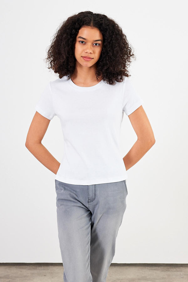 Kadın Rachel Beyaz Bisiklet Yaka Slim Fit Basic Ribana Tişört