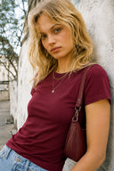 Kadın Rachel Bisiklet Yaka Slim Fit Basic Tişört-Bordo