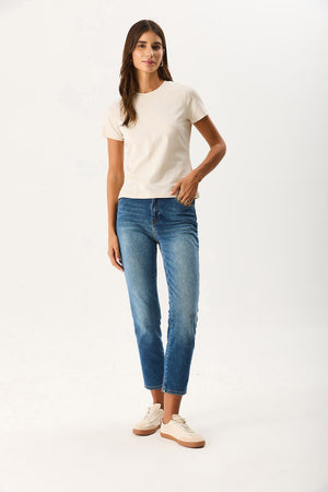 Kadın Rachel Bisiklet Yaka Slim Fit Basic Tişört - Taş