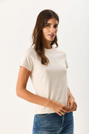 Kadın Rachel Bisiklet Yaka Slim Fit Basic Tişört - Taş