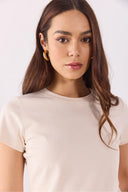 Kadın Rachel Bisiklet Yaka Slim Fit Basic Tişört - Taş