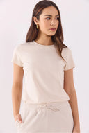 Kadın Rachel Bisiklet Yaka Slim Fit Basic Tişört - Taş
