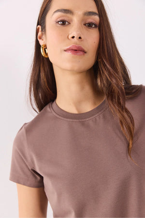 Kadın Rachel Bisiklet Yaka Slim Fit Basic Tişört - Vizon