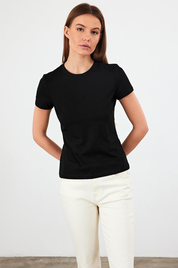 Kadın Rachel Siyah Bisiklet Yaka Slim Fit Basic Tişört