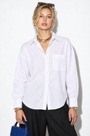 Kadın  Regular Fit Cepli Poplin Gömlek %100 Pamuk-Beyaz