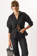 Kadın Regular Fit Cepli Poplin Gömlek %100 Pamuk - Siyah