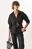 Kadın Regular Fit Cepli Poplin Gömlek %100 Pamuk - Siyah