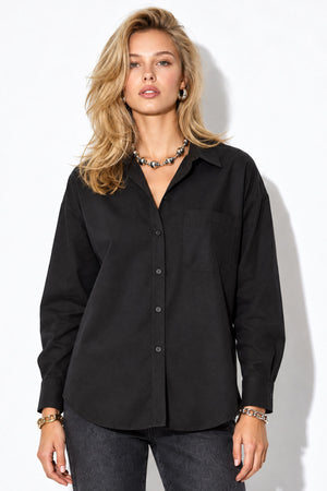 Kadın  Regular Fit Cepli Poplin Gömlek %100 Pamuk-Siyah