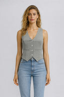 Kadın Regular Fit Çizgili Yelek - Gri - Beyaz Çizgili