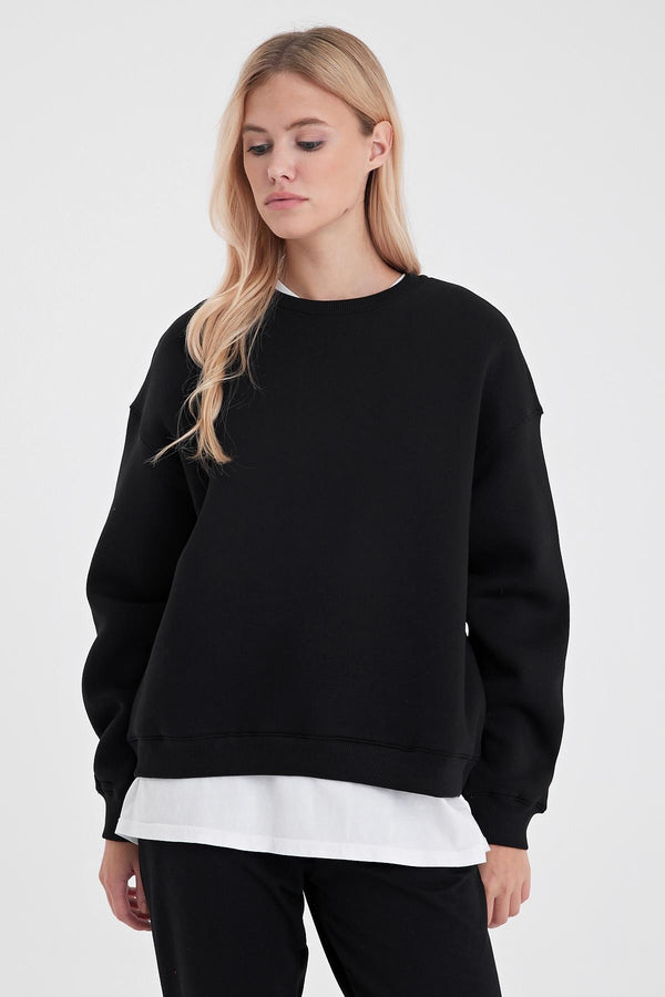 Rhona Bisiklet Yaka Regular Fit 3 İplik Sweatshirt - SİYAH