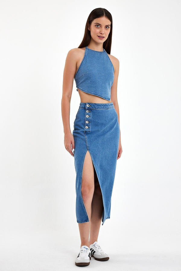 Kadın Rosa Yırtmaçlı Asimetrik Midi Boy Dark Blue Jean Etek