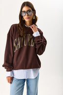 Kadın Saturday Baskılı Efektli Sweatshirt %100 Pamuk - Acı Kahve