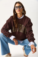 Kadın Saturday Baskılı Efektli Sweatshirt %100 Pamuk - Acı Kahve