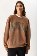 Kadın Saturday Baskılı Efektli Sweatshirt %100 Pamuk - Kahverengi