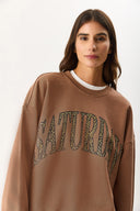 Kadın Saturday Baskılı Efektli Sweatshirt %100 Pamuk - Kahverengi