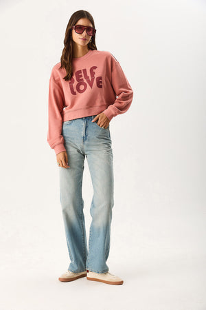 Kadın Self Love Baskı Detaylı Sweatshirt %100 Pamuk - Gülkurusu