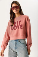Kadın Self Love Baskı Detaylı Sweatshirt %100 Pamuk - Gülkurusu