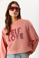 Kadın Self Love Baskı Detaylı Sweatshirt %100 Pamuk - Gülkurusu