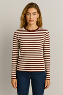 Kadın Serina Çizgili Uzun Kollu Tişört %100 Pamuk - Bordo - Ekru Çizgili
