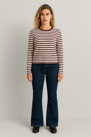 Kadın Serina Çizgili Uzun Kollu Tişört %100 Pamuk - Bordo - Ekru Çizgili