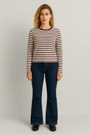 Kadın Serina Çizgili Uzun Kollu Tişört %100 Pamuk - Bordo - Ekru Çizgili