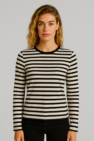 Kadın Serina Çizgili Uzun Kollu Tişört %100 Pamuk - Siyah - Ekru Çizgili