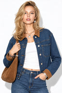 Kadın Süet Detaylı Dark Blue Jean Ceket-Dark Blue