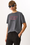 Kadın Sülfür Boyalı Baskılı Tişört %100 Pamuk - Antrasit