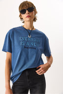 Kadın Sülfür Boyalı Baskılı Tişört %100 Pamuk - Navy