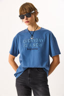 Kadın Sülfür Boyalı Baskılı Tişört %100 Pamuk - Navy