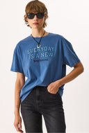 Kadın Sülfür Boyalı Baskılı Tişört %100 Pamuk - Navy