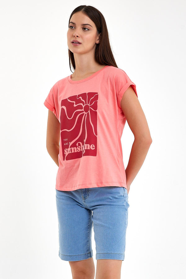 Kadın Sunshine Pembe Baskılı Bisiklet Yaka Regular Fit Tişört