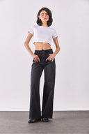 Kadın Sydney Kemer Detaylı Black Wide Leg Jean Pantolon - Black