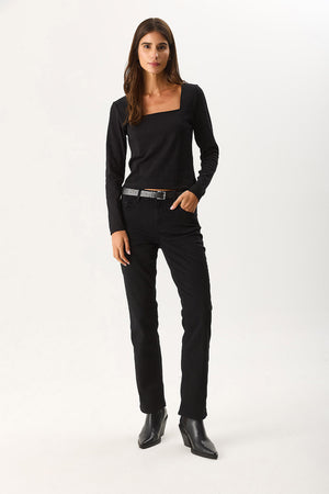 Kadın Tara Kare Yaka Tişört - Siyah