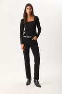 Kadın Tara Kare Yaka Tişört - Siyah