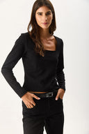 Kadın Tara Kare Yaka Tişört - Siyah