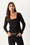 Kadın Tara Kare Yaka Tişört - Siyah