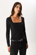 Kadın Tara Kare Yaka Tişört - Siyah