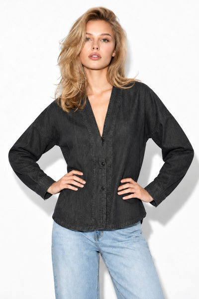 Kadın V Yaka Britli Jean Bluz(TENCEL)(TM)-Black